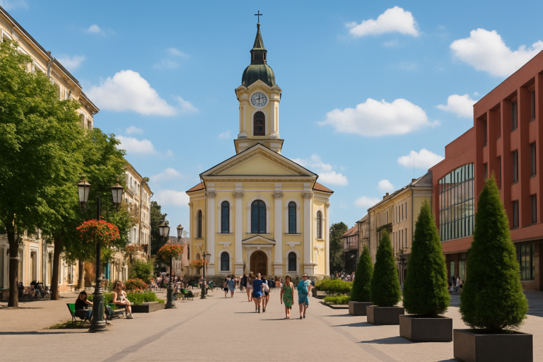 Центральна площа Рівного з костелом та пішохідною вулицею