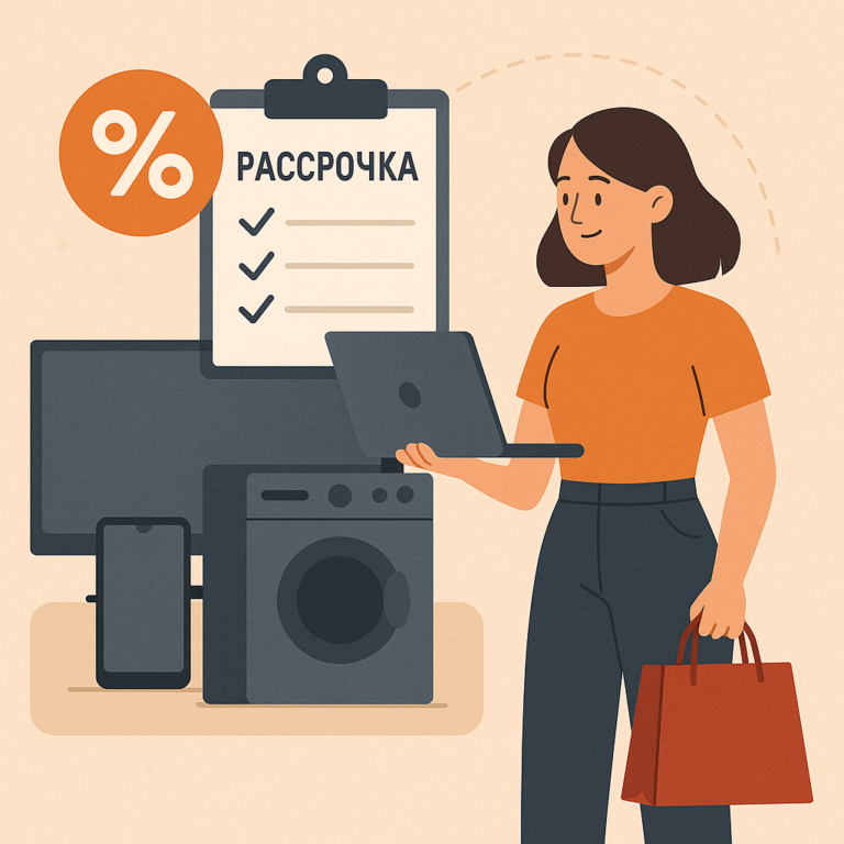 Женщина с ноутбуком выбирает технику в рассрочку без переплат