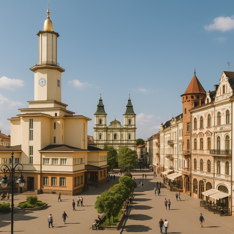 Центральна площа Івано-Франківська з ратушею та історичними будівлями