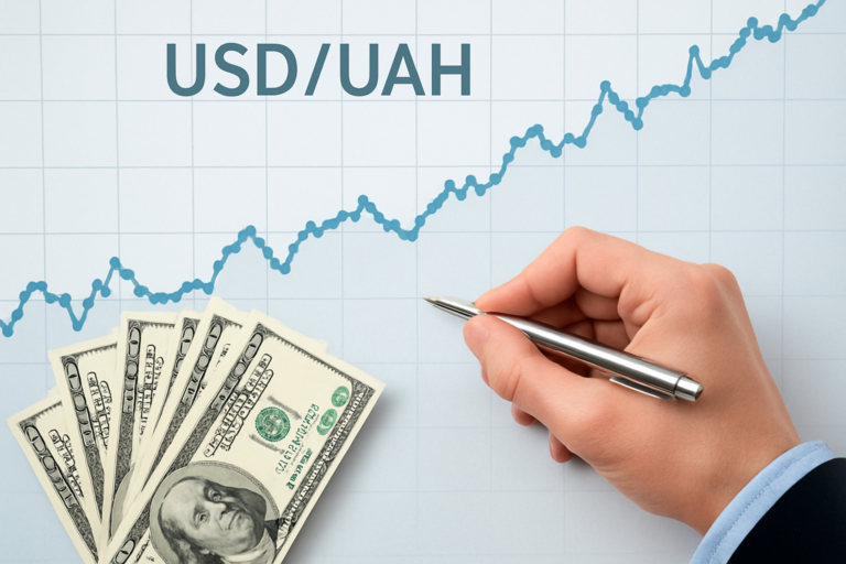 График курса USD/UAH и доллары на фоне руки с ручкой