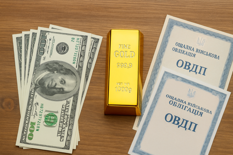 Доллары, золотой слиток и украинские облигации на деревянной поверхности