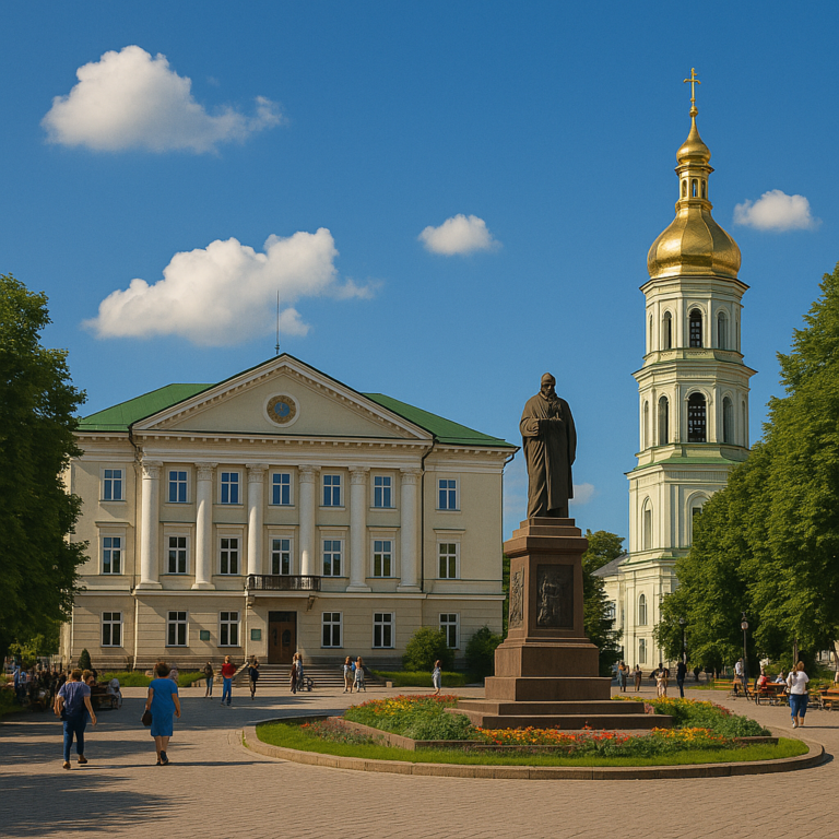 Центр міста Рівне з пам’ятником, собором і адміністративною будівлею