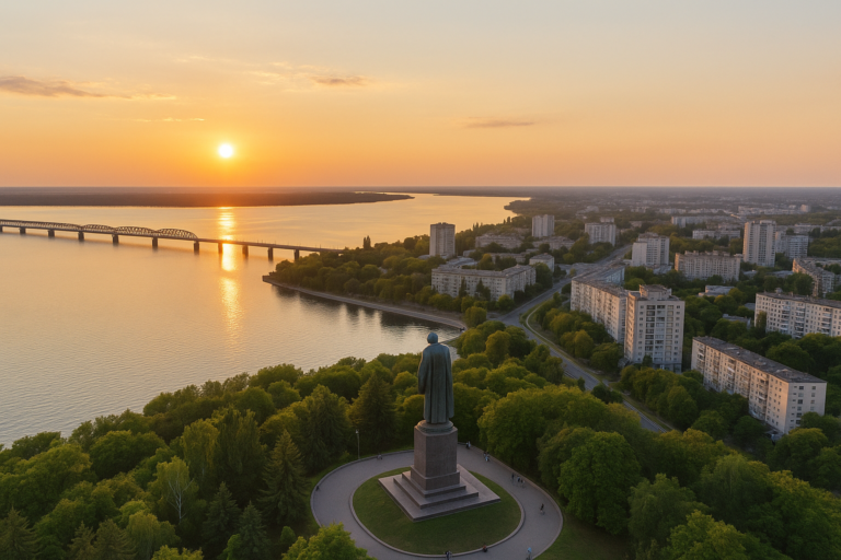 Панорама Черкас із видом на Дніпро, місто та пам’ятник Шевченку