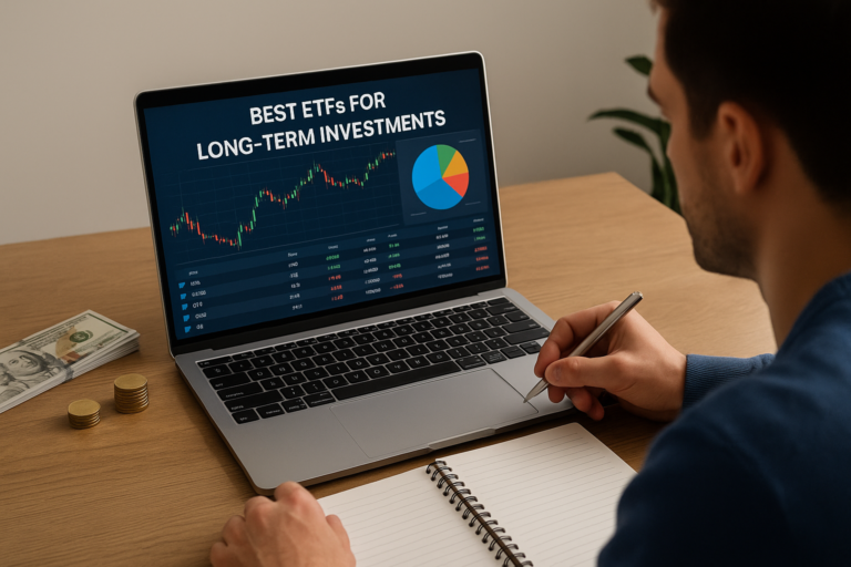 Інвестор аналізує біржові фонди ETF на ноутбуці та планує фінансове майбутнє