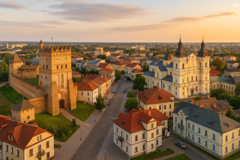 панорама Луцького замку та старого міста на заході сонця