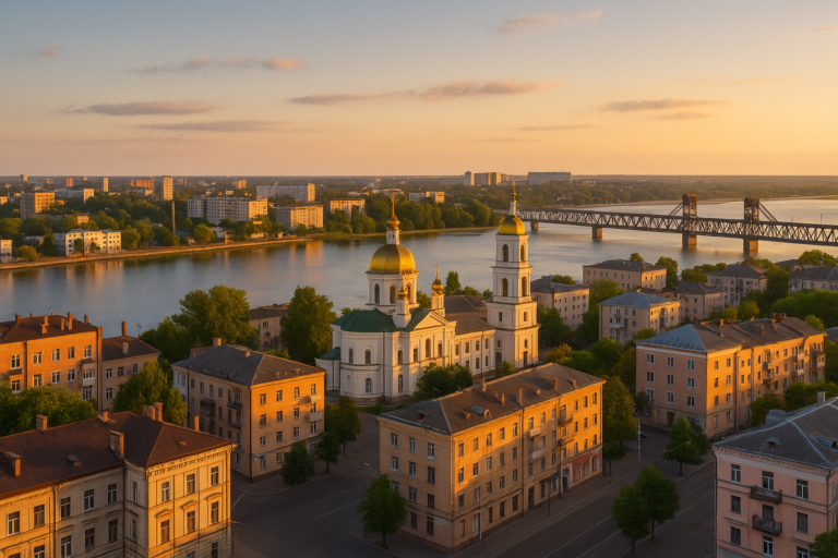 панорама Кременчуга с мостом через Днепр и собором на закате