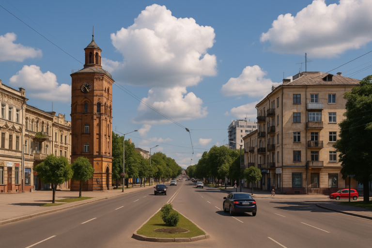 центральна вулиця Сум із годинниковою вежею та історичними будівлями