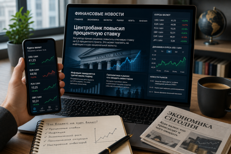Анализ финансовых новостей и изменений валютных курсов на экране ноутбука