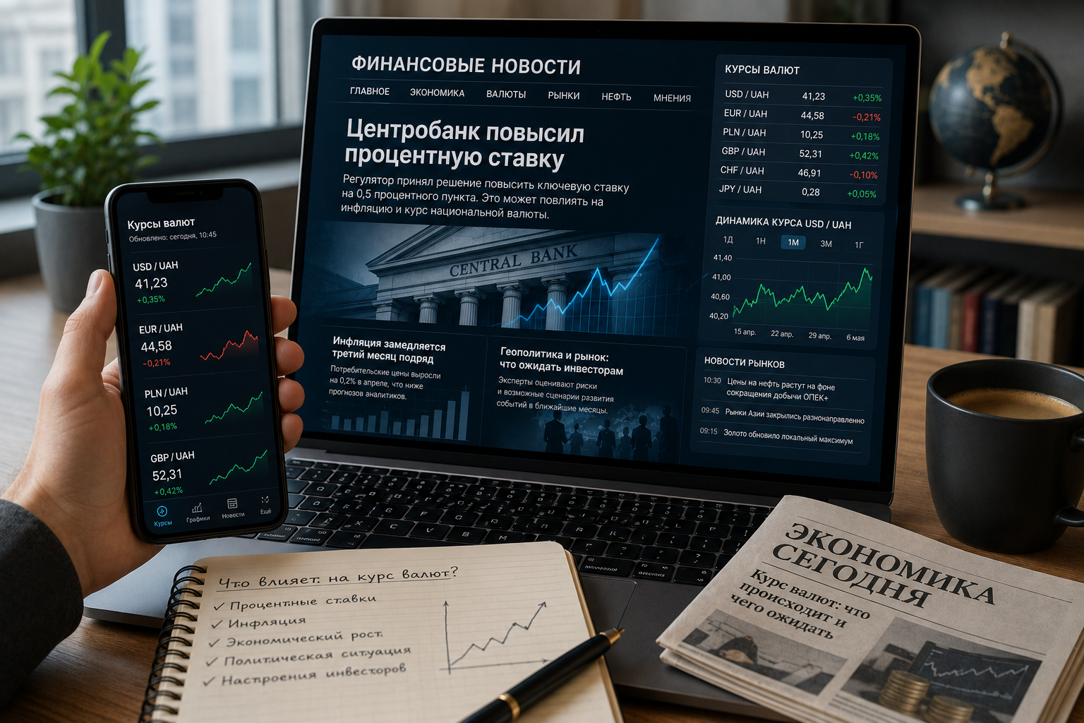 Анализ финансовых новостей и изменений валютных курсов на экране ноутбука