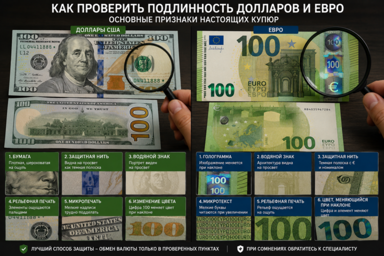 Как проверить подлинность долларов и евро перед обменом валют