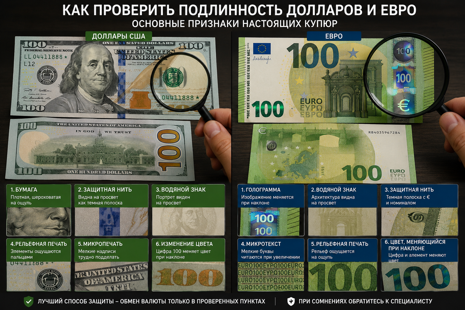 Как проверить подлинность долларов и евро перед обменом валют