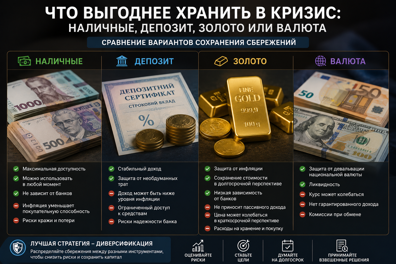 Что выгоднее хранить в кризис — наличные, депозит, золото или иностранная валюта